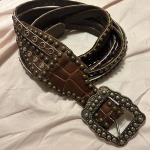 Genuine Leather Belt Brown Rhinestones 5 strap W/ Buckle 48” W/O Buckle 46 1/2”